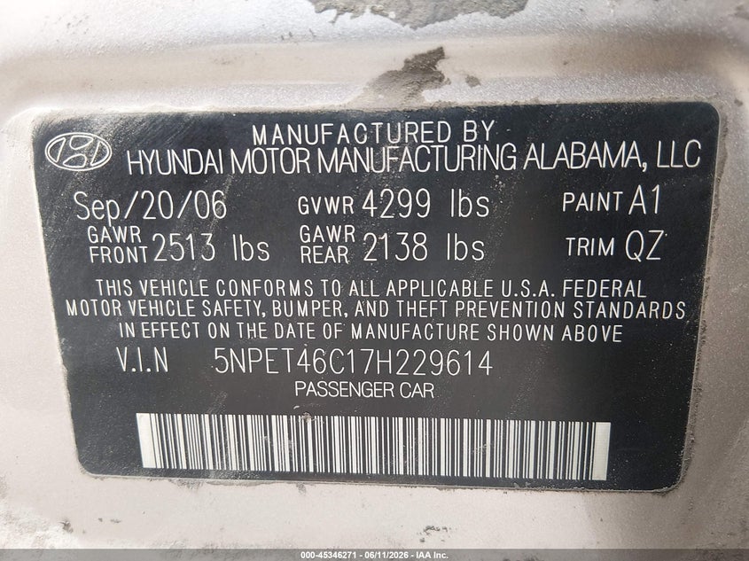 2007 Hyundai Sonata VIN 5NPET46C17H229614 IAAI salvage auction — RIGHT SIDE, Salvage (Kansas), sold $525 on 2026-07-08 (photo 9)