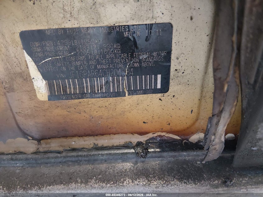 2012 Subaru Impreza VIN JF1GPAR64CH204884 IAAI salvage auction — Burn Interior, Salvage Title, sold $300 on 2026-07-20 (photo 9)