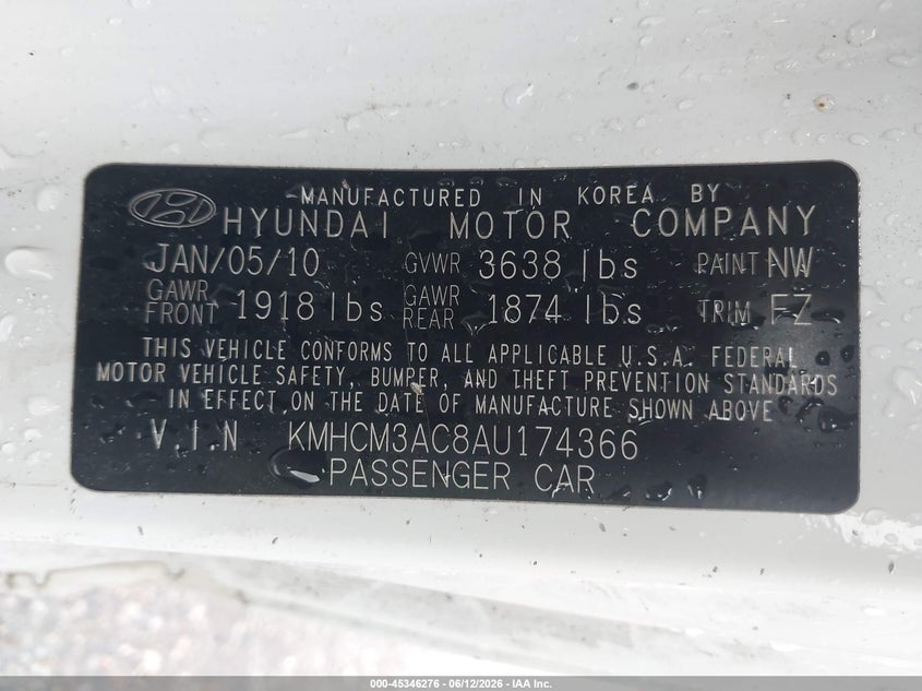 2010 Hyundai Accent VIN KMHCM3AC8AU174366 IAAI salvage auction — ROLLOVER, Salvage (Texas), sold $250 on 2026-07-15 (photo 9)