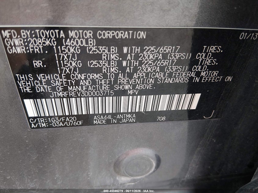 2013 Toyota Rav 4 VIN JTMRFREV3DD003715 IAAI salvage auction — FRONT END, Salvage (Kansas), sold $1,950 on 2026-07-11 (photo 9)