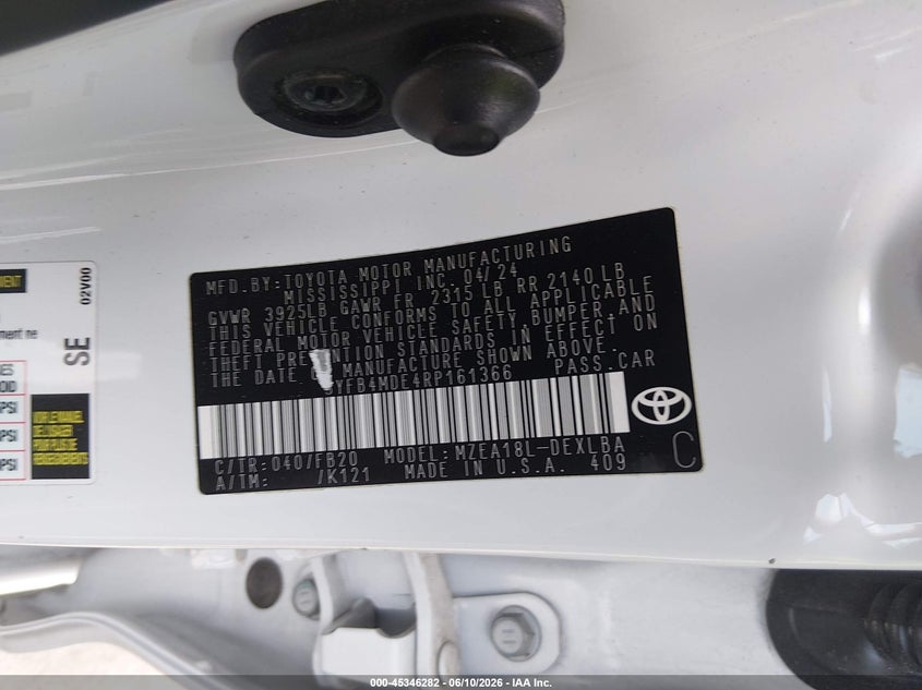 2024 Toyota Corolla VIN 5YFB4MDE4RP161366 IAAI salvage auction — SIDE, Salvage - Greater Than 75% (Maryland), sold $7,050 on 2026-07-16 (photo 9)