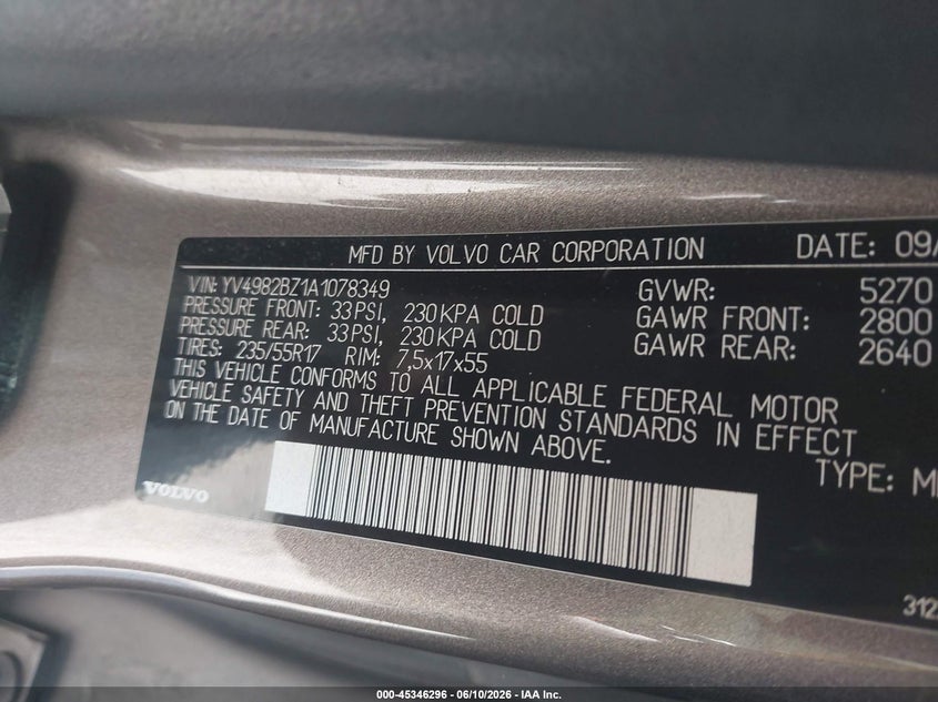2010 Volvo Xc70 VIN YV4982BZ1A1078349 IAAI salvage auction — REAR END, Junk Bill Of Sale Mv2459 (Wisconsin), sold $475 on 2026-07-07 (photo 9)