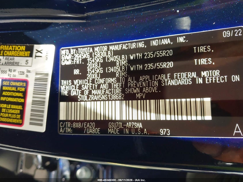 2022 Toyota Highlander VIN 5TDLZRAH5NS138682 IAAI salvage auction — LEFT REAR, Salvage Title, sold $16,000 on 2026-07-30 (photo 9)
