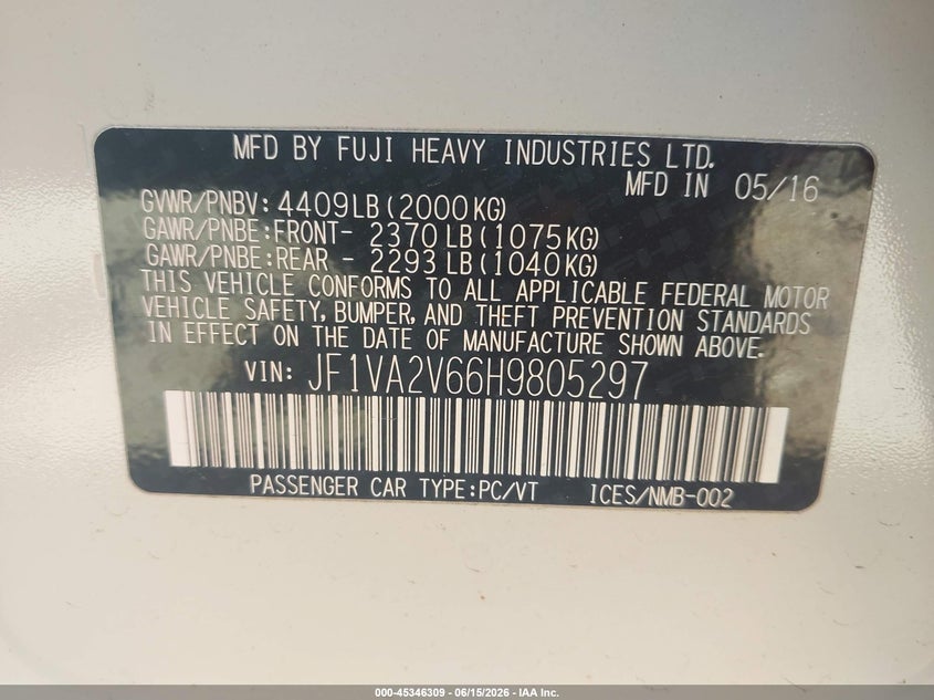 2017 Subaru Wrx sti VIN JF1VA2V66H9805297 IAAI salvage auction — FRONT END, Clear (Wisconsin), sold $5,950 on 2026-07-16 (photo 9)