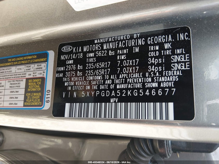 2019 Kia Sorento VIN 5XYPGDA52KG546677 IAAI salvage auction — FRONT END, Salvage (Kansas), sold $2,800 on 2026-07-30 (photo 9)