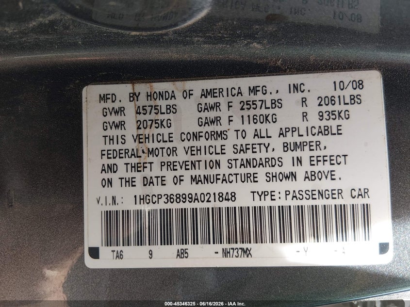 2009 Honda Accord VIN 1HGCP36899A021848 IAAI salvage auction — NORMAL WEAR, Clear (Kansas), sold $650 on 2026-07-10 (photo 9)