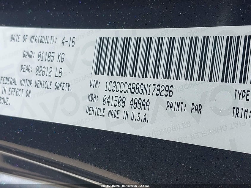 2016 Chrysler 200 VIN 1C3CCCAB8GN179296 IAAI salvage auction — FRONT END, Salvage (Texas), sold $250 on 2026-07-10 (photo 9)