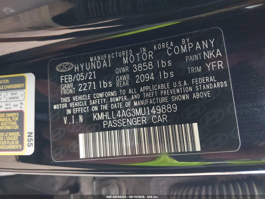 2021 Hyundai Elantra VIN KMHLL4AG3MU149889 IAAI salvage auction — SIDE, Certificate Of Destruction (Florida), sold $3,600 on 2026-07-09 (photo 9)