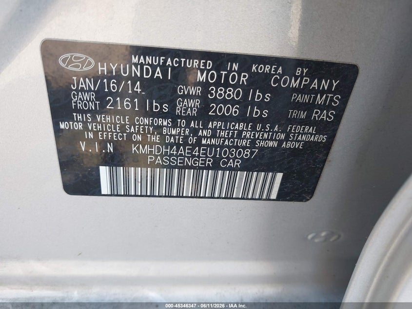 2014 Hyundai Elantra VIN KMHDH4AE4EU103087 IAAI salvage auction — FRONT & REAR, Salvage (Pennsylvania), sold $700 on 2026-07-10 (photo 9)