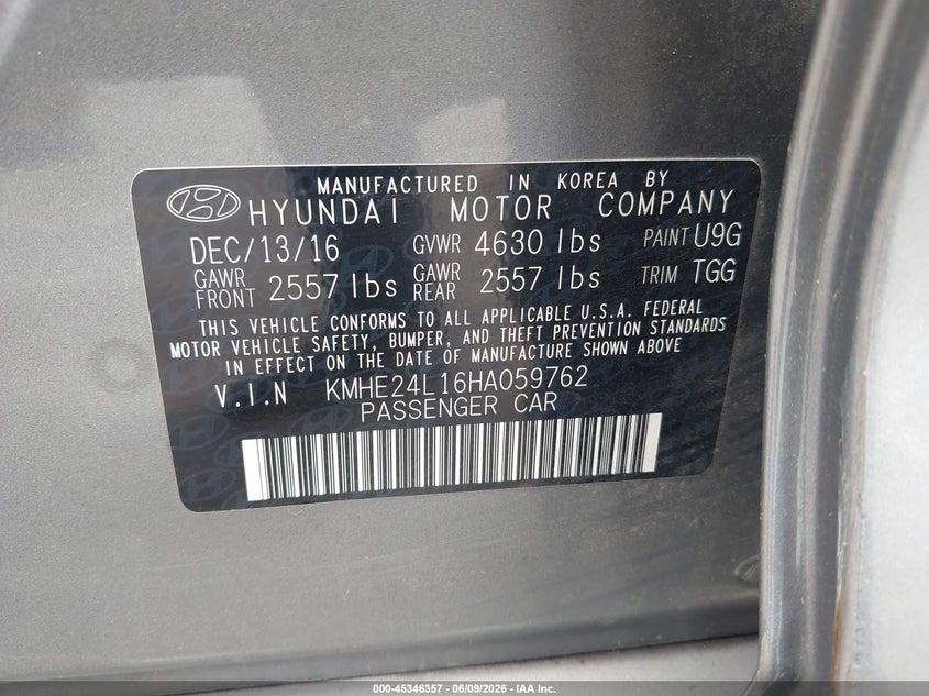 2017 Hyundai VIN KMHE24L16HA059762 IAAI salvage auction — NORMAL WEAR, Salvage (Texas), sold $425 on 2026-07-29 (photo 9)