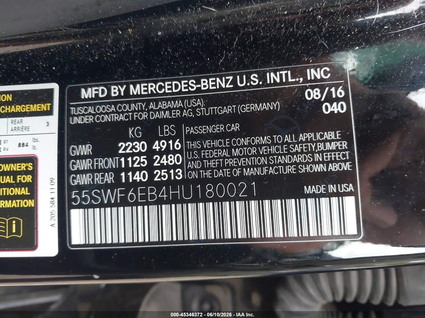 2017 Mercedes-benz VIN 55SWF6EB4HU180021 IAAI salvage auction — FRONT END, Salvage (New Jersey), sold $5,300 on 2026-07-11 (photo 9)
