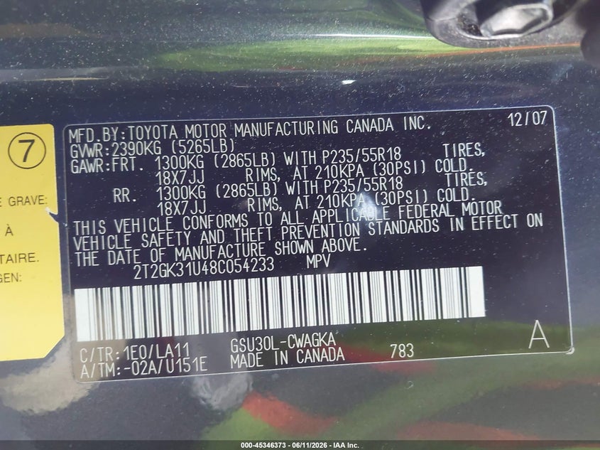 2008 Lexus Rx 350 VIN 2T2GK31U48C054233 IAAI salvage auction — SIDE, Salvage (Georgia), sold $1,250 on 2026-07-09 (photo 9)