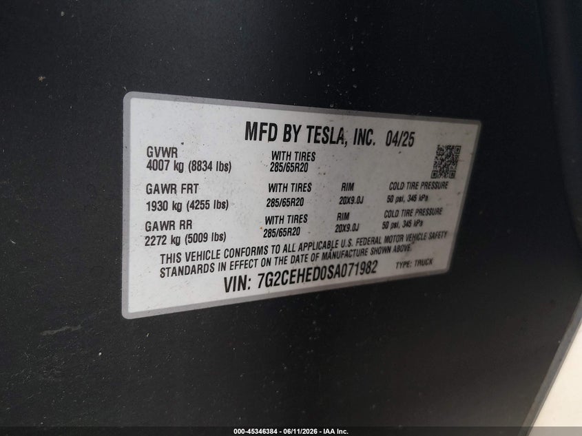 2025 Tesla Cybertruck VIN 7G2CEHED0SA071982 IAAI salvage auction — FRONT & REAR, Salvage (North Carolina), sold $20,200 on 2026-07-30 (photo 9)