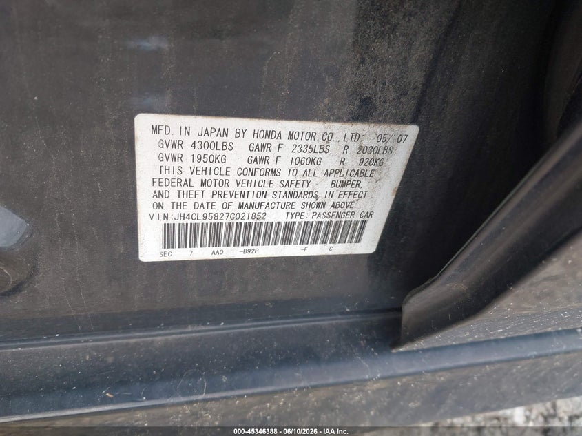 2007 Acura Tsx VIN JH4CL95827C021852 IAAI salvage auction — ENGINE DAMAGE, Salvage (Georgia), sold $250 on 2026-07-29 (photo 9)