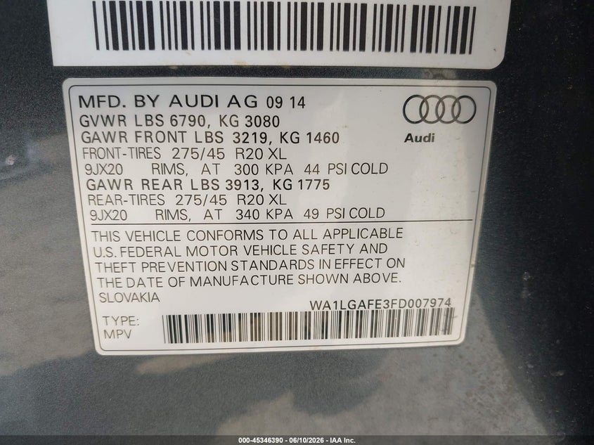 2015 Audi Q7 VIN WA1LGAFE3FD007974 IAAI salvage auction — FRONT END, Salvage (Georgia), sold $2,650 on 2026-07-09 (photo 9)