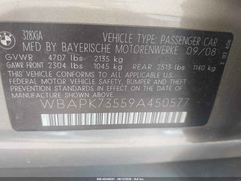 2009 BMW 3 series VIN WBAPK73559A450577 IAAI salvage auction — REAR END, Salvage (Idaho), sold $300 on 2026-07-30 (photo 9)