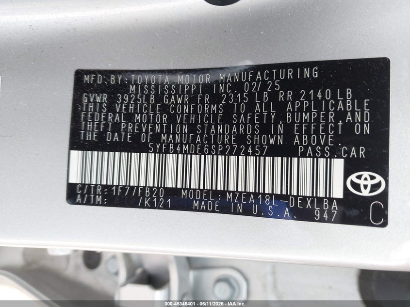 2025 Toyota Corolla VIN 5YFB4MDE6SP272457 IAAI salvage auction — FRONT END, Mv-907A (New York), sold $3,675 on 2026-07-14 (photo 9)