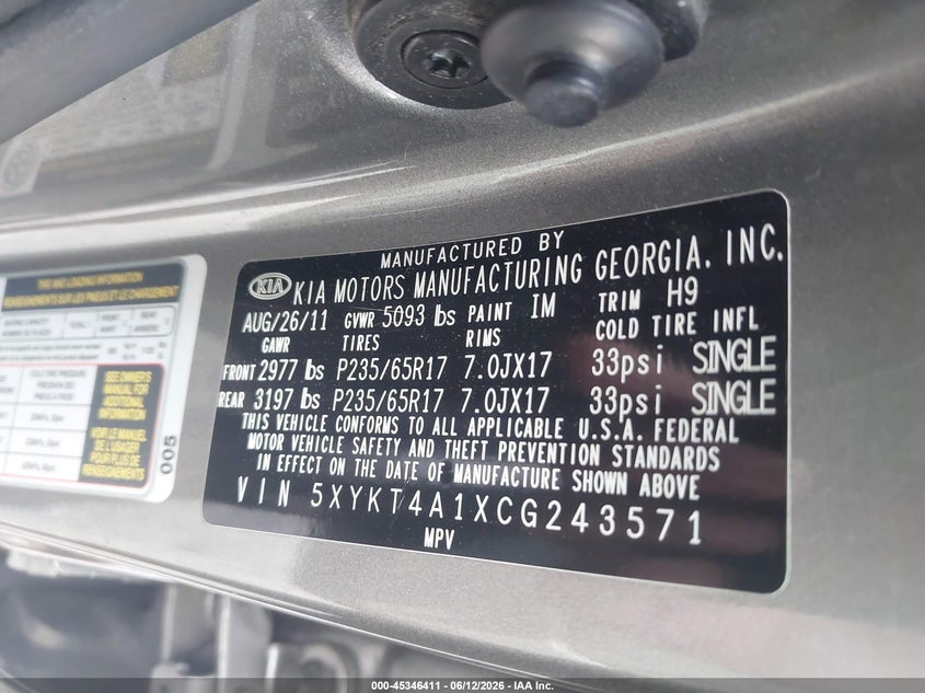 2012 Kia Sorento VIN 5XYKT4A1XCG243571 IAAI salvage auction — FRONT END, Salvage (Georgia), sold $800 on 2026-07-14 (photo 9)