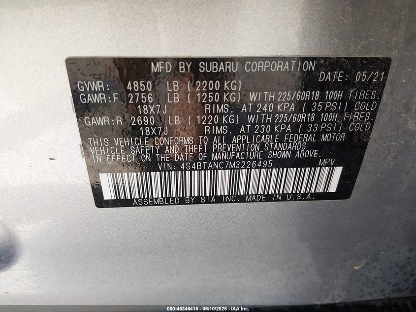 2021 Subaru Outback VIN 4S4BTANC7M3226495 IAAI salvage auction — RIGHT FRONT, Salvage (Kansas), sold $6,200 on 2026-07-24 (photo 9)