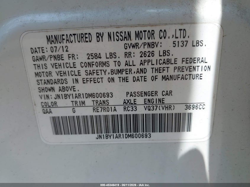 2013 Infiniti M VIN JN1BY1AR1DM600693 IAAI salvage auction — FRONT END, Salvage Title, sold $25 on 2026-07-22 (photo 9)