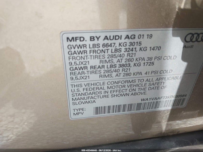 2019 Audi Q7 VIN WA1VAAF73KD030564 IAAI salvage auction — LEFT SIDE, Salvage (North Carolina), sold $11,750 on 2026-07-10 (photo 9)