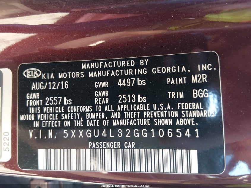 2016 Kia Optima VIN 5XXGU4L32GG106541 IAAI salvage auction — NORMAL WEAR, Clear-Dealer Only (West Virginia), sold $450 on 2026-07-09 (photo 9)