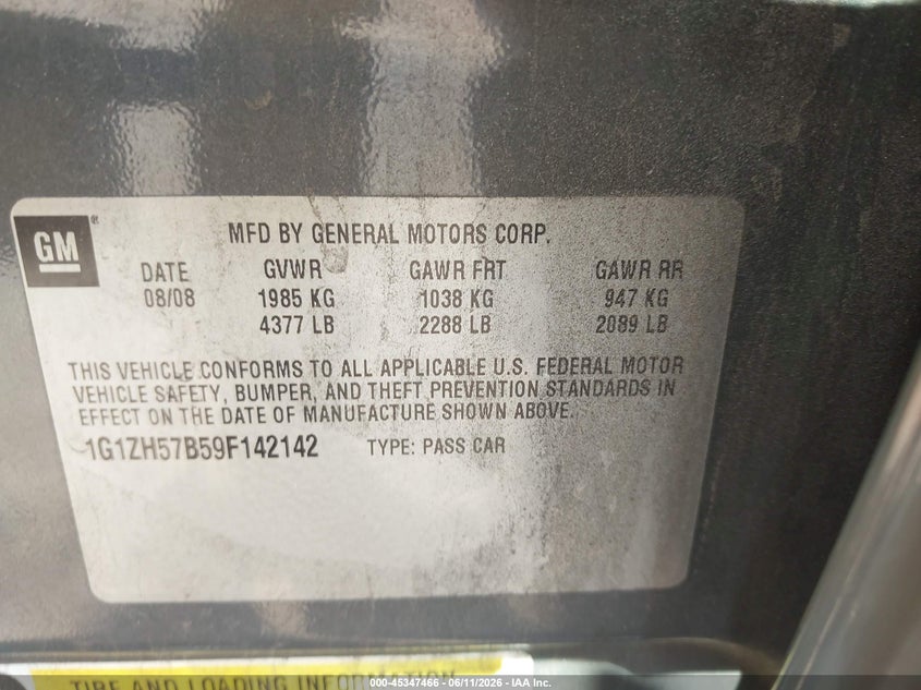 2009 Chevrolet Malibu limited VIN 1G1ZH57B59F142142 IAAI salvage auction — FRONT END, Salvage (North Carolina), sold $250 on 2026-07-09 (photo 9)
