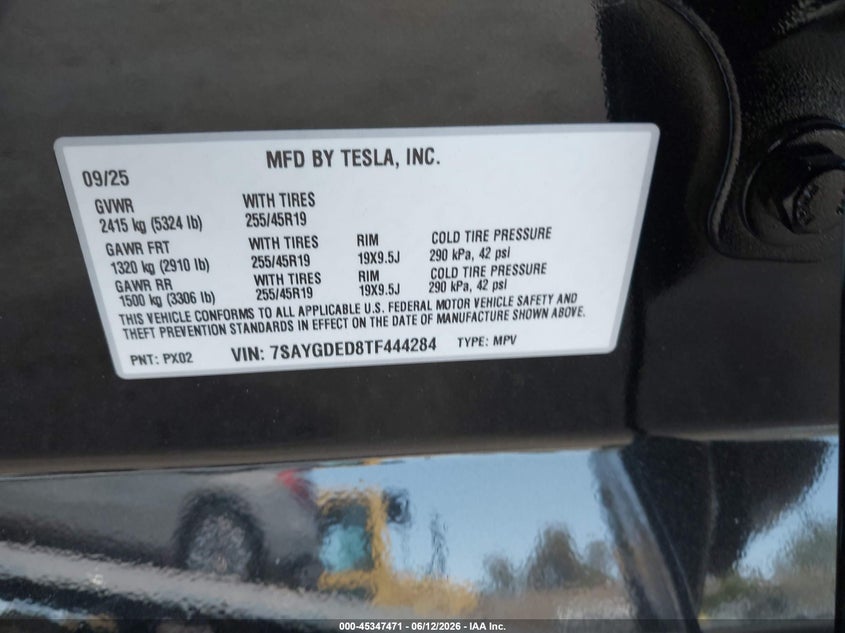 2026 Tesla Model y VIN 7SAYGDED8TF444284 IAAI salvage auction — LEFT REAR, Salvage Title, sold $1,050 on 2026-07-24 (photo 9)