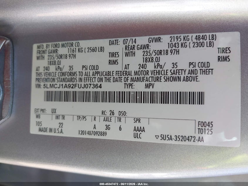 2015 Lincoln Mkc VIN 5LMCJ1A92FUJ07364 IAAI salvage auction — UNDERCARRIAGE, Salvage (Alabama), sold $750 on 2026-07-22 (photo 9)