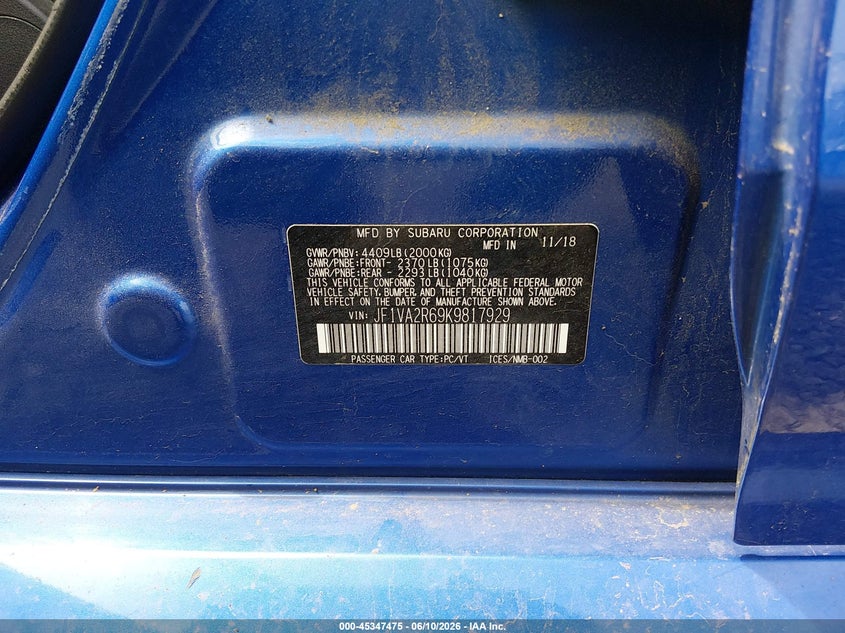 2019 Subaru Wrx sti VIN JF1VA2R69K9817929 IAAI salvage auction — FRONT END, Salvage (New Jersey), sold $3,800 on 2026-07-29 (photo 9)
