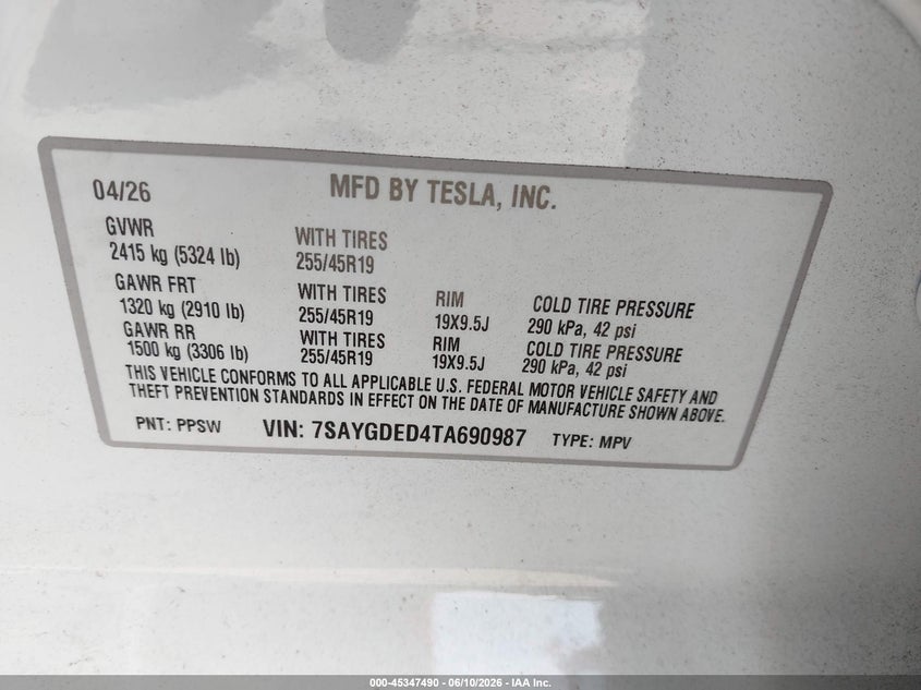 2026 Tesla Model y VIN 7SAYGDED4TA690987 IAAI salvage auction — FRONT & REAR, Salvage Title, sold $11,600 on 2026-07-23 (photo 9)