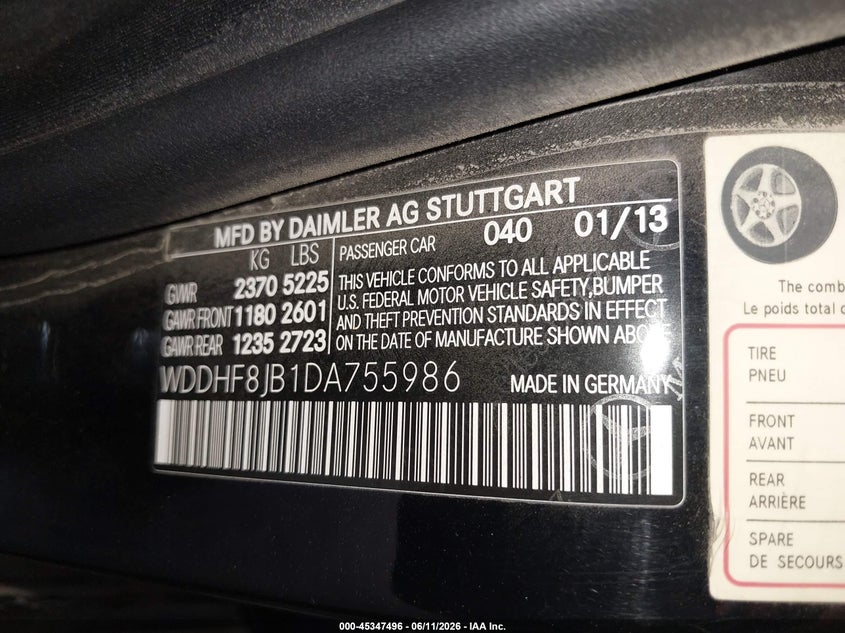 2013 Mercedes-benz VIN WDDHF8JB1DA755986 IAAI salvage auction — STORM DAMAGE, Salvage (North Dakota), sold $375 on 2026-07-30 (photo 9)