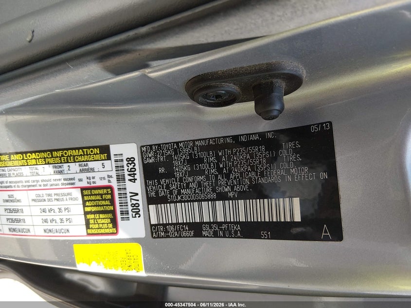 2013 Toyota Sienna VIN 5TDJK3DC0DS065888 IAAI salvage auction — RIGHT FRONT, Mv-907A (New York), sold $1,450 on 2026-07-30 (photo 9)
