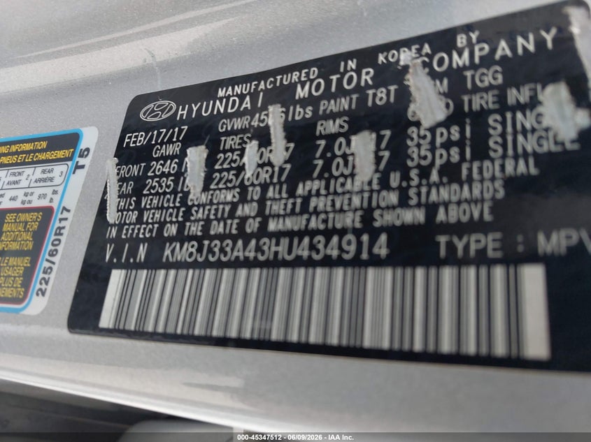2017 Hyundai Tucson VIN KM8J33A43HU434914 IAAI salvage auction — NORMAL WEAR, Repossession Paperwork (Georgia), sold $3,850 on 2026-07-08 (photo 9)