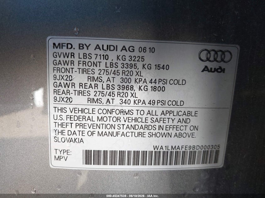 2011 Audi Q7 VIN WA1LMAFE9BD000305 IAAI salvage auction — NORMAL WEAR, Clear - Dealer Only (California), sold $775 on 2026-07-13 (photo 9)