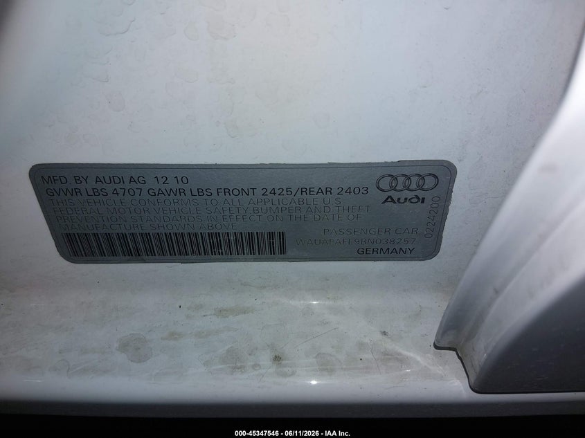 2011 Audi A4 VIN WAUAFAFL9BN038257 IAAI salvage auction — FRONT END, Salvage (Idaho), sold $125 on 2026-07-10 (photo 9)