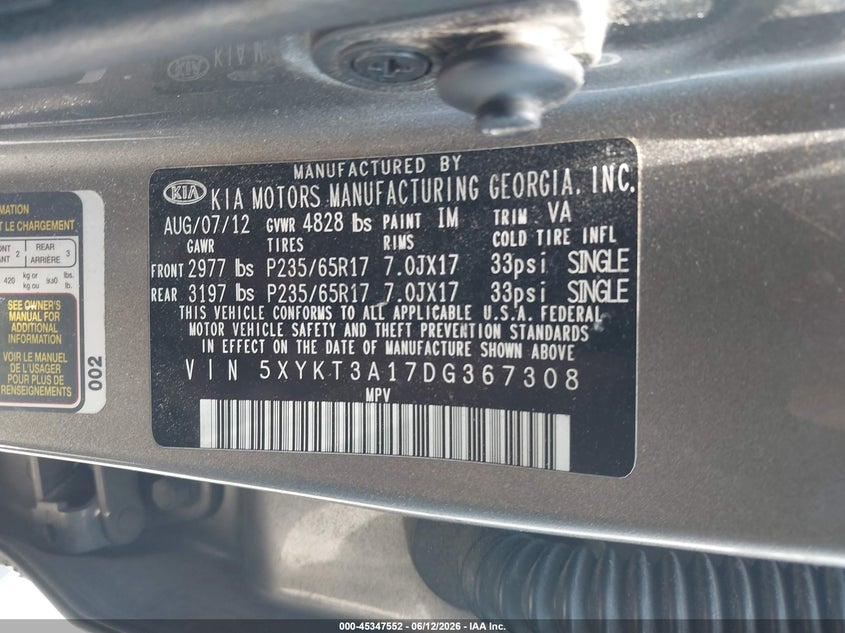 2013 Kia Sorento VIN 5XYKT3A17DG367308 IAAI salvage auction — FRONT END, Salvage (Idaho), sold $575 on 2026-07-08 (photo 9)