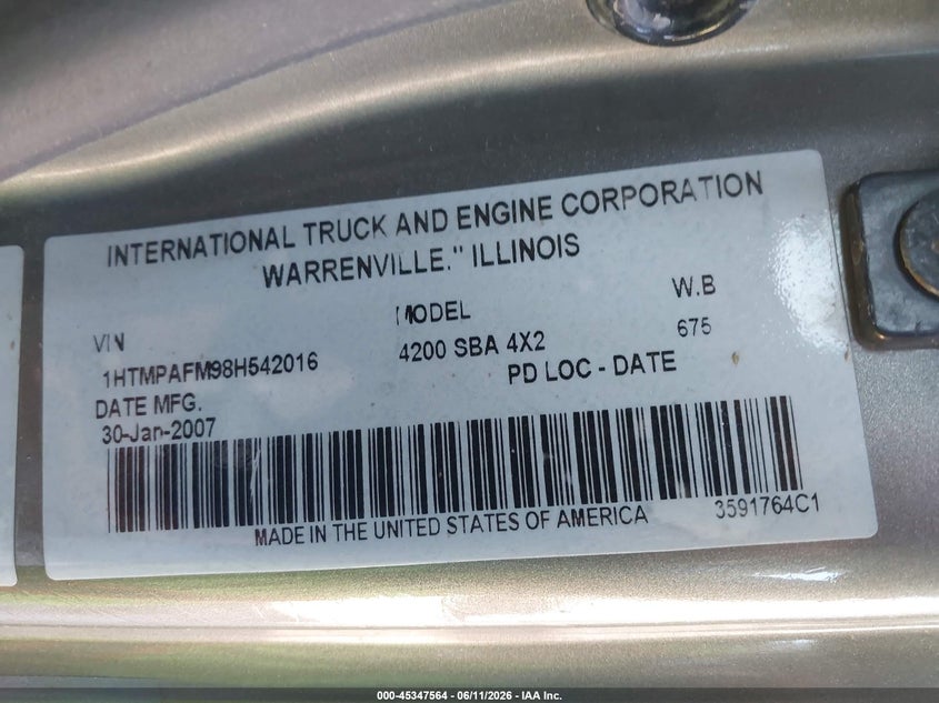 2008 International 4000 series VIN 1HTMPAFM98H542016 IAAI salvage auction — THEFT, Salvage (Arizona), sold $6,200 on 2026-07-21 (photo 9)