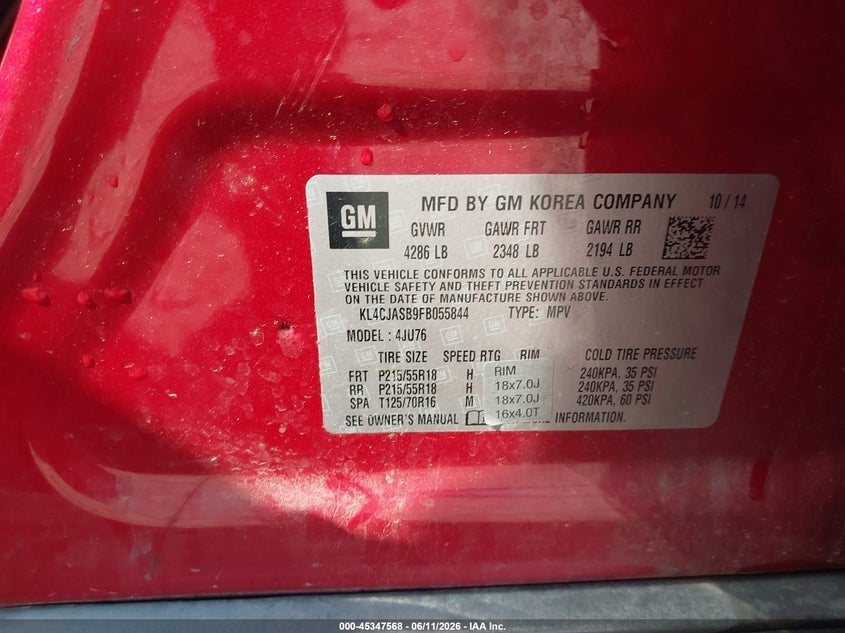 2015 Buick Encore VIN KL4CJASB9FB055844 IAAI salvage auction — SIDE, Salvage (South Carolina), sold $25 on 2026-07-22 (photo 9)