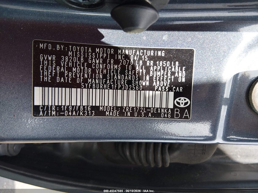 2015 Toyota Corolla VIN 5YFBURHE1FP302560 IAAI salvage auction — LEFT & RIGHT, Rebuildable (Florida), sold $1,550 on 2026-07-16 (photo 9)