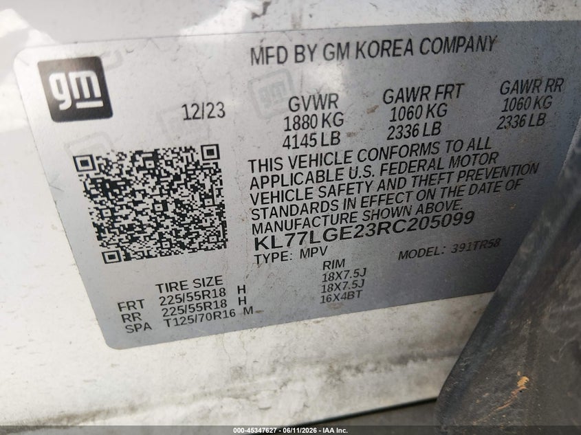2024 Chevrolet Trax VIN KL77LGE23RC205099 IAAI salvage auction — RIGHT FRONT, Salvage (Alabama), sold $4,300 on 2026-07-27 (photo 9)