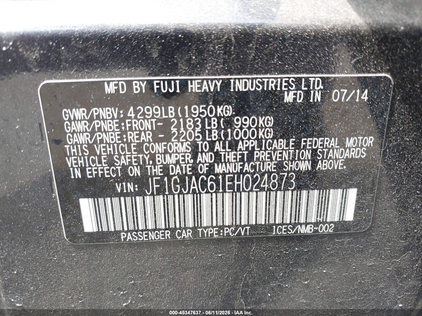 2014 Subaru Impreza VIN JF1GJAC61EH024873 IAAI salvage auction — FRONT & REAR, Salvage (New Jersey), sold $825 on 2026-07-27 (photo 9)