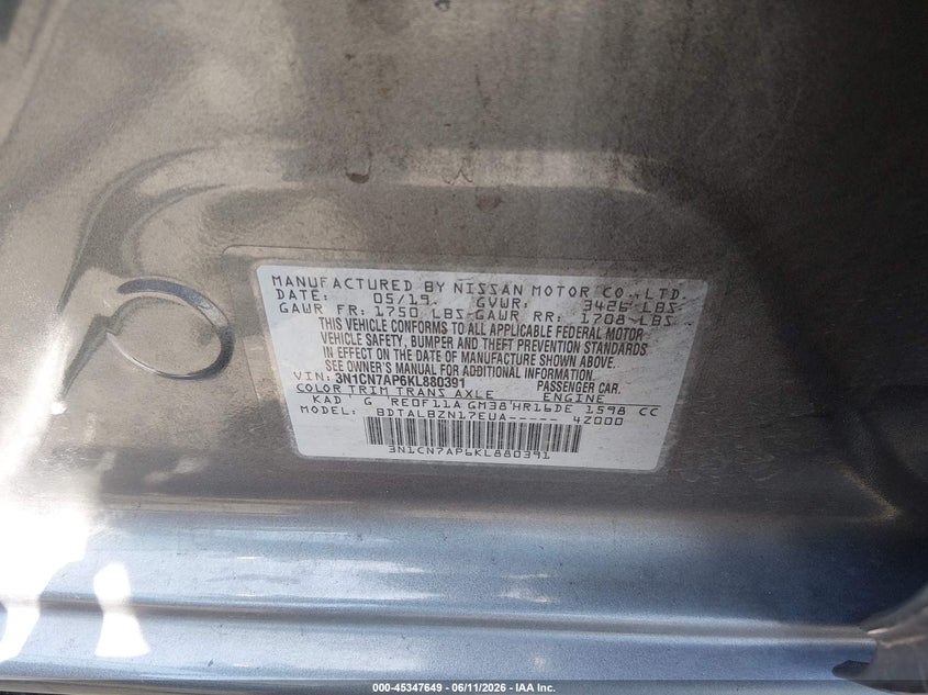 2019 Nissan Versa VIN 3N1CN7AP6KL880391 IAAI salvage auction — SIDE, Salvage Title, sold $1,100 on 2026-07-31 (photo 9)
