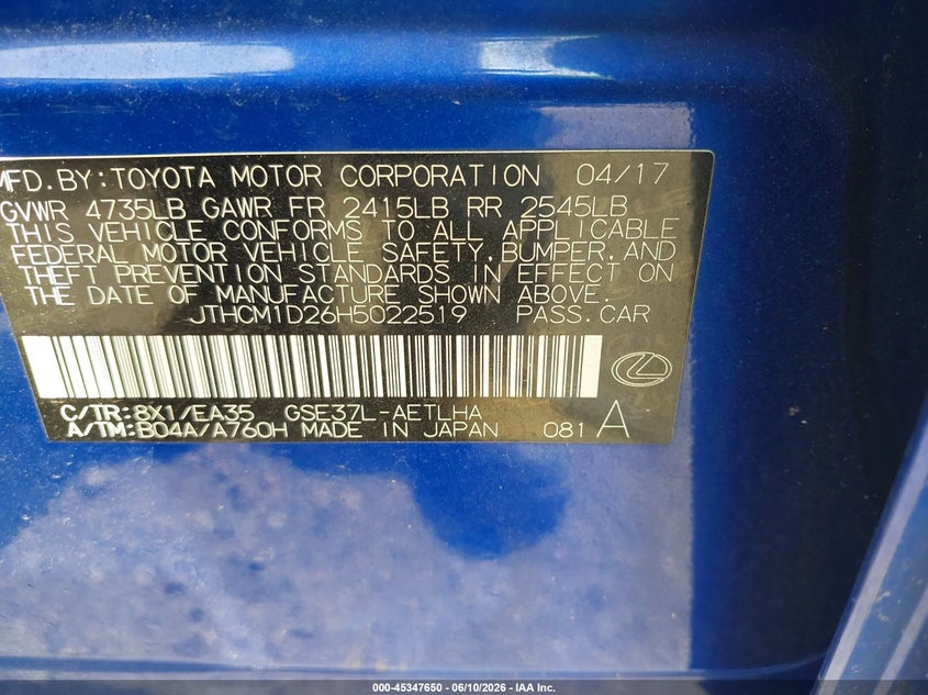 2017 Lexus Is VIN JTHCM1D26H5022519 IAAI salvage auction — REAR END, Salvage (North Carolina), sold $3,600 on 2026-07-27 (photo 9)
