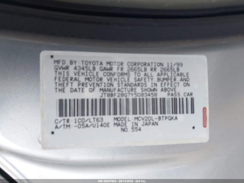 2000 Lexus ES VIN JT8BF28G7Y5083458 IAAI salvage auction — REAR END, Salvage (Texas), sold $1,075 on 2026-07-07 (photo 9)