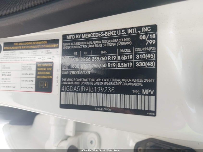2018 Mercedes-benz Gle VIN 4JGDA5JB9JB199238 IAAI salvage auction — FRONT END, Salvage Title, sold $8,400 on 2026-07-25 (photo 9)