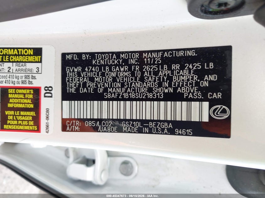 2025 Lexus ES VIN 58AFZ1B18SU218313 IAAI salvage auction — REAR END, Salvage Title, sold $38,250 on 2026-07-30 (photo 9)
