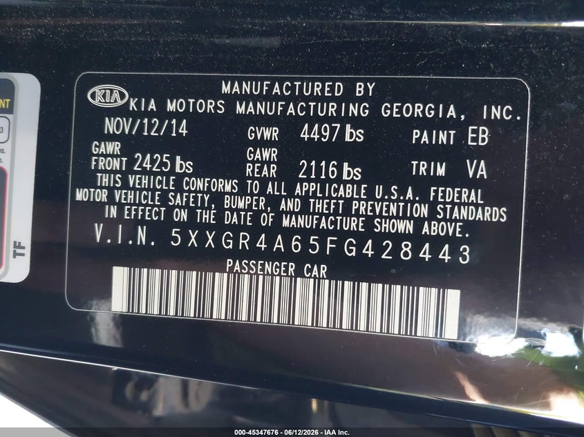 2015 Kia Optima VIN 5XXGR4A65FG428443 IAAI salvage auction — LEFT REAR, Salvage Title, sold $900 on 2026-07-29 (photo 9)