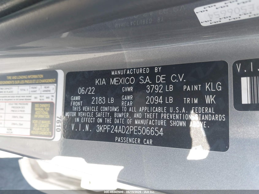 2023 Kia Forte VIN 3KPF24AD2PE506654 IAAI salvage auction — RIGHT SIDE, Salvage Certificate (California), sold $4,025 on 2026-07-10 (photo 9)