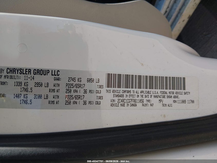 2015 Chrysler Town & country VIN 2C4RC1CG7FR611056 IAAI salvage auction — NORMAL WEAR, Salvage Title, sold $925 on 2026-07-23 (photo 9)